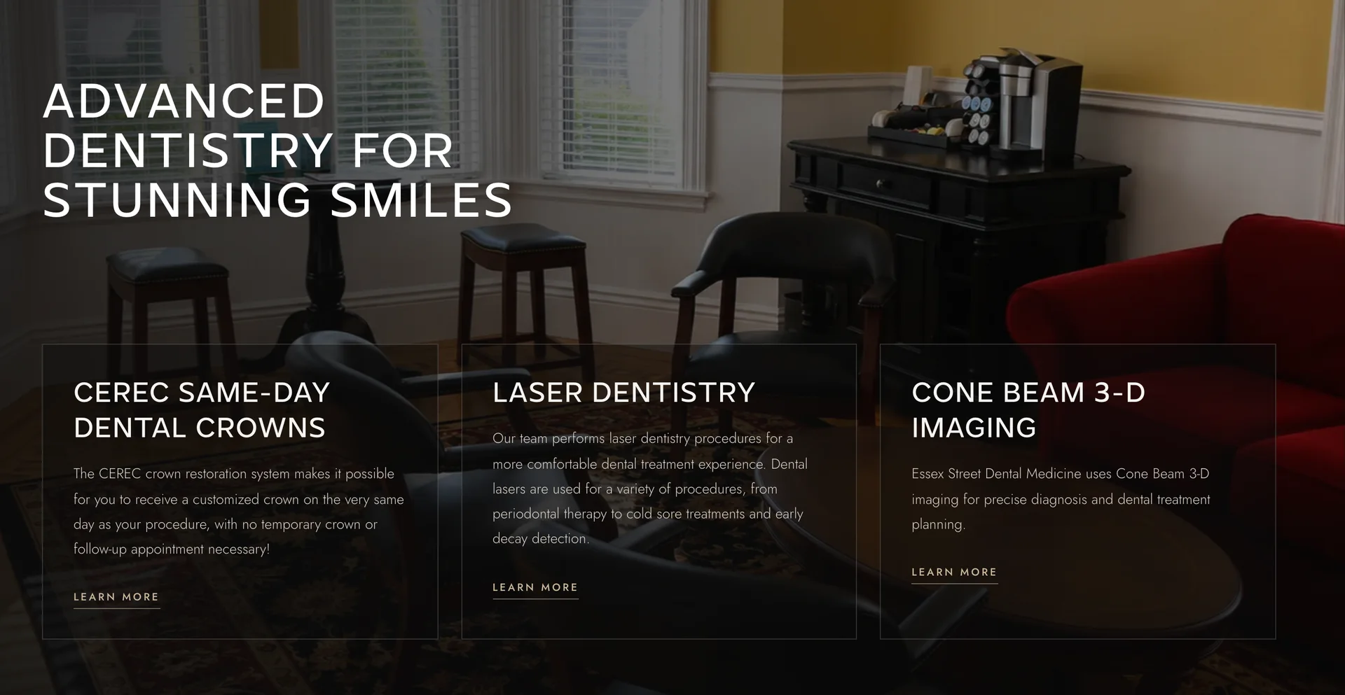 The advanced dentistry section: CEREC same-day crowns, laser dentistry, and cone beam 3-D imaging cards over the practice's historic interior