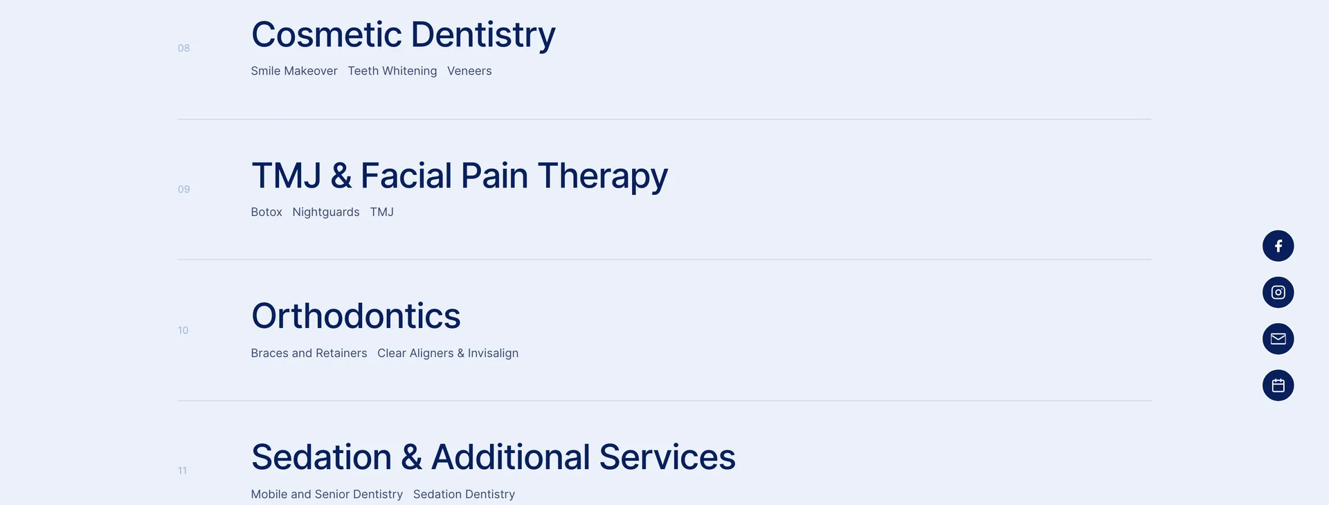 The services index: cosmetic dentistry, TMJ and facial pain therapy, orthodontics, listed as a numbered editorial table