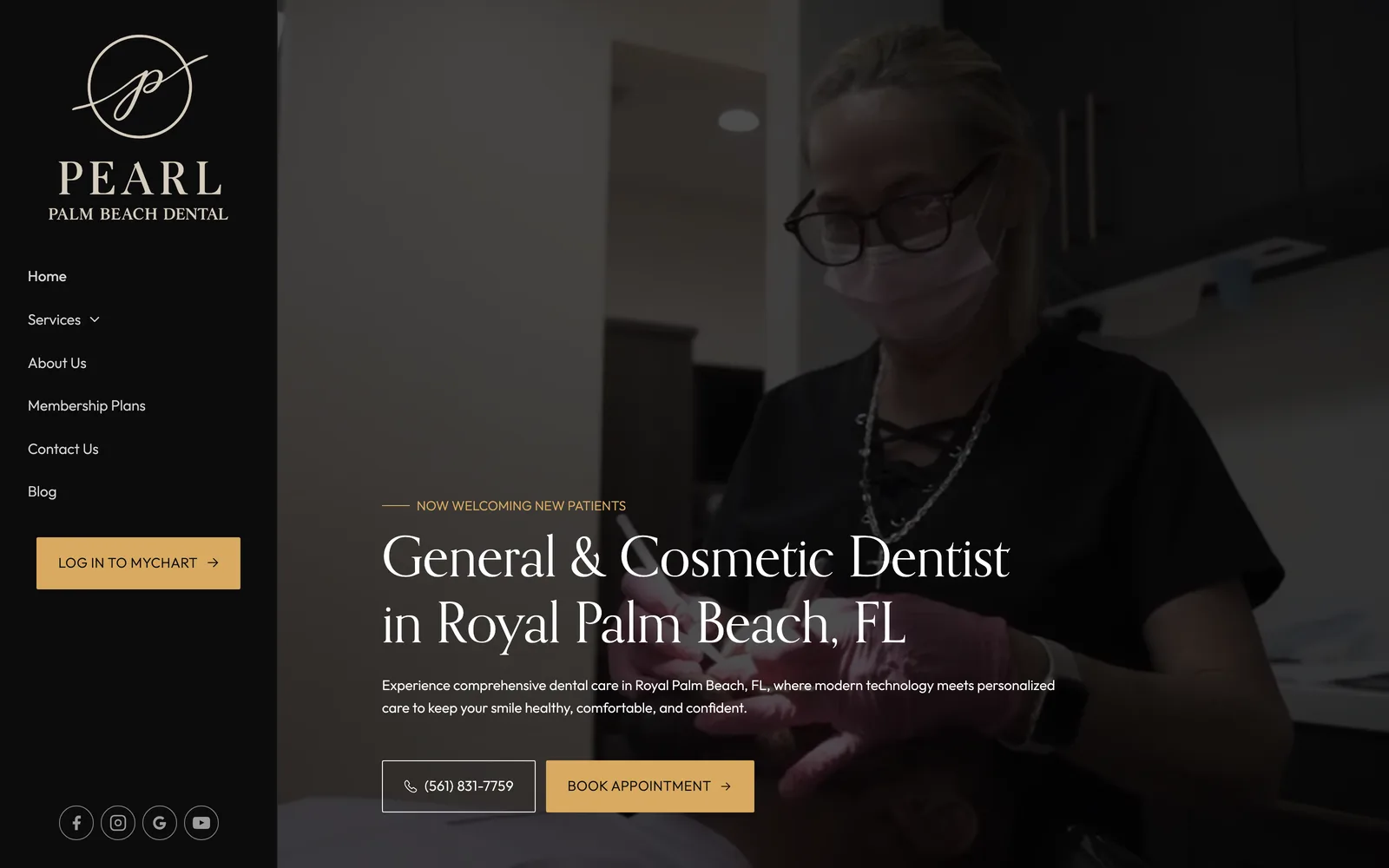 The Pearl Palm Beach Dental website, a dark, gold-accented design for a general and cosmetic dentistry practice