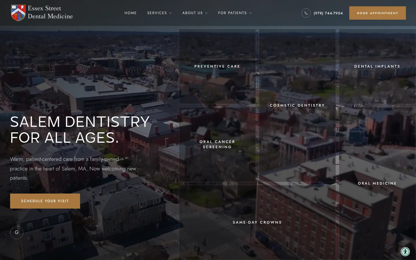 Homepage of Essex Street Dental Medicine in Salem, Massachusetts. The headline Salem Dentistry for All Ages is set in white capitals over a full-width video.