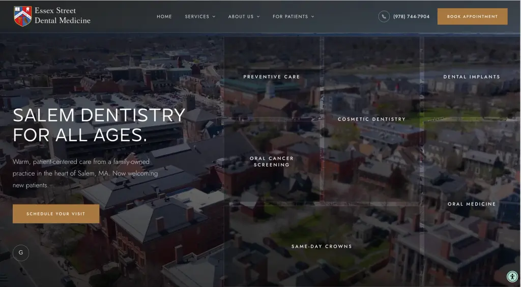 The Essex Street Dental Medicine website, an editorial design for a historic Salem, Massachusetts practice