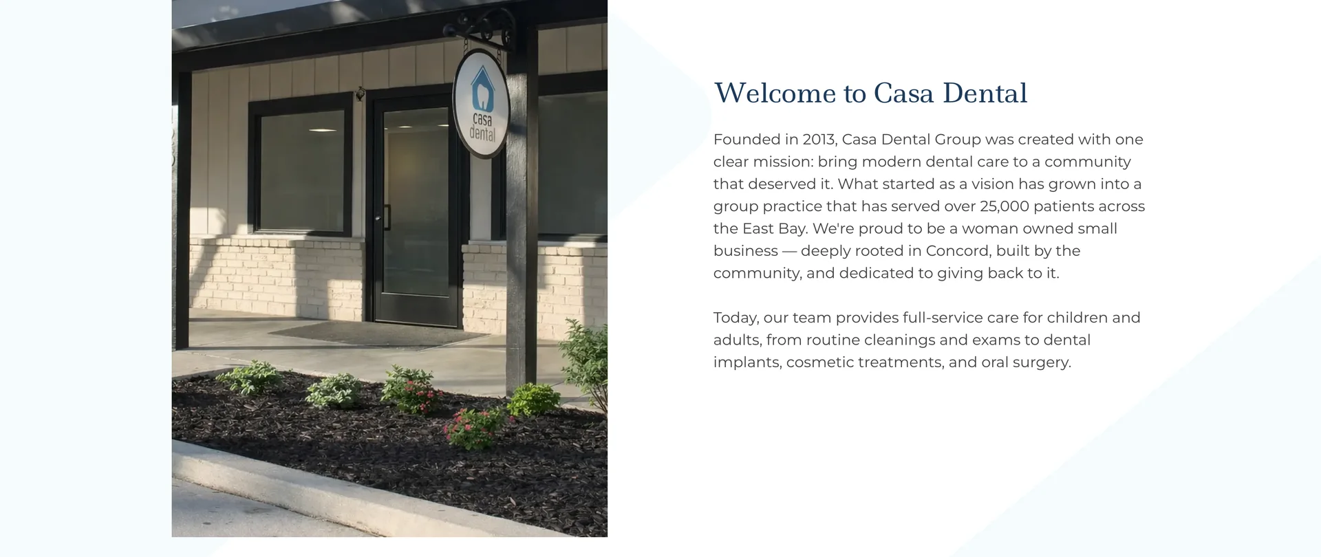 The welcome section: the practice's storefront beside the story of a woman-owned group practice serving the East Bay since 2013