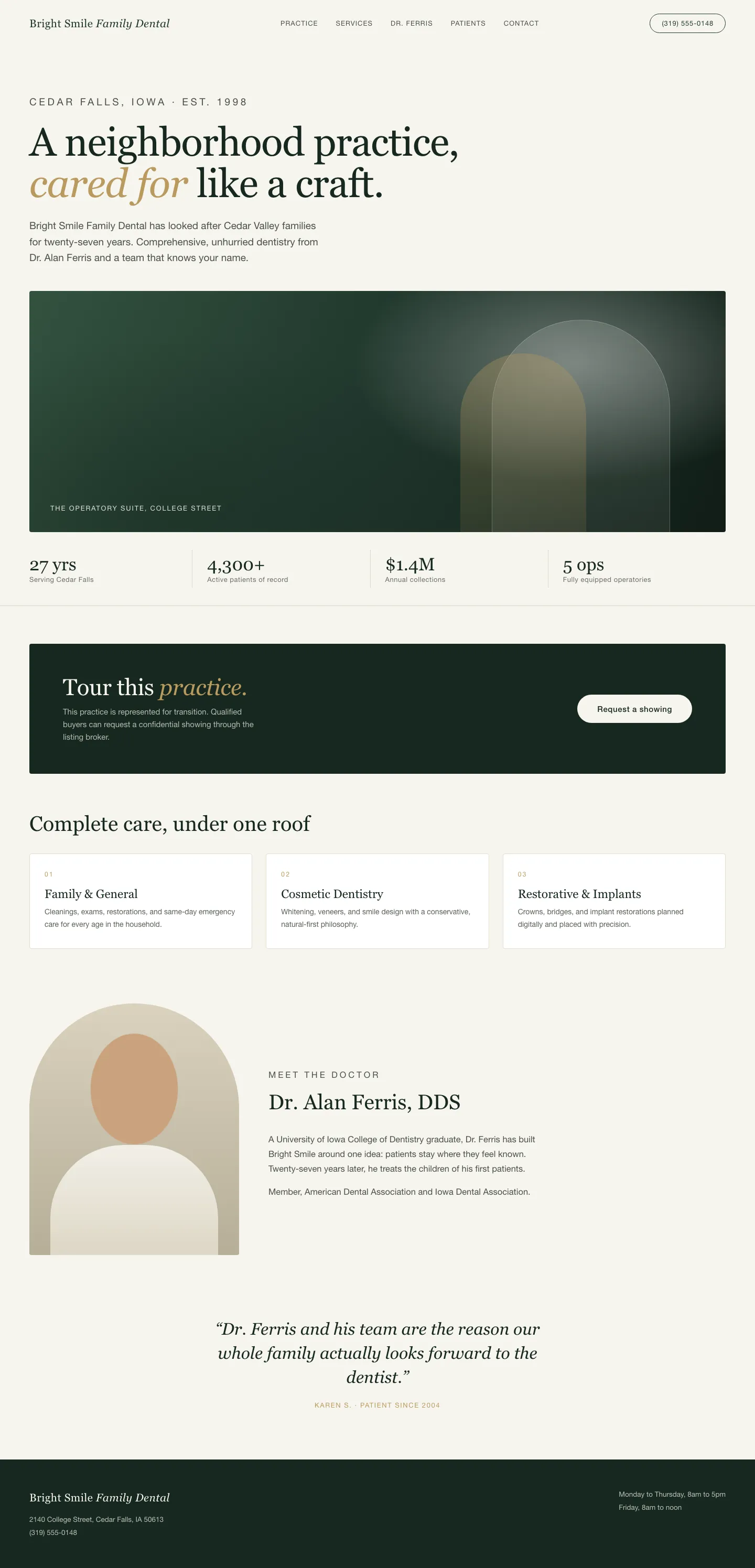 The same practice's website after our rebuild: a modern editorial design for Bright Smile Family Dental