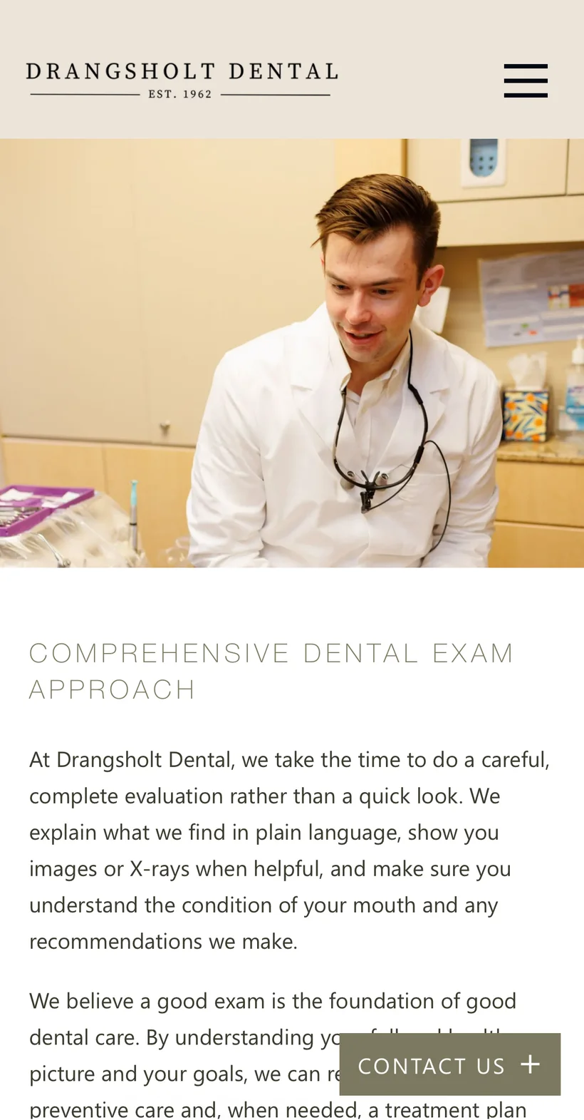 A Drangsholt Dental service page on a phone: the comprehensive dental exam approach