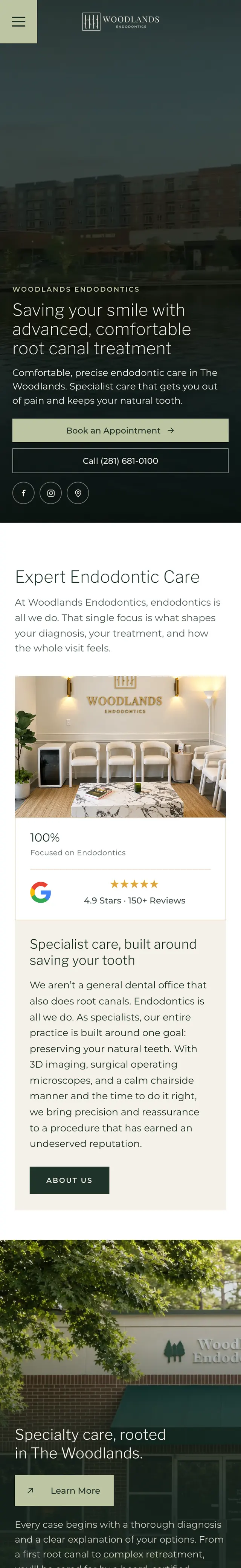 The Woodlands Endodontics website on a phone