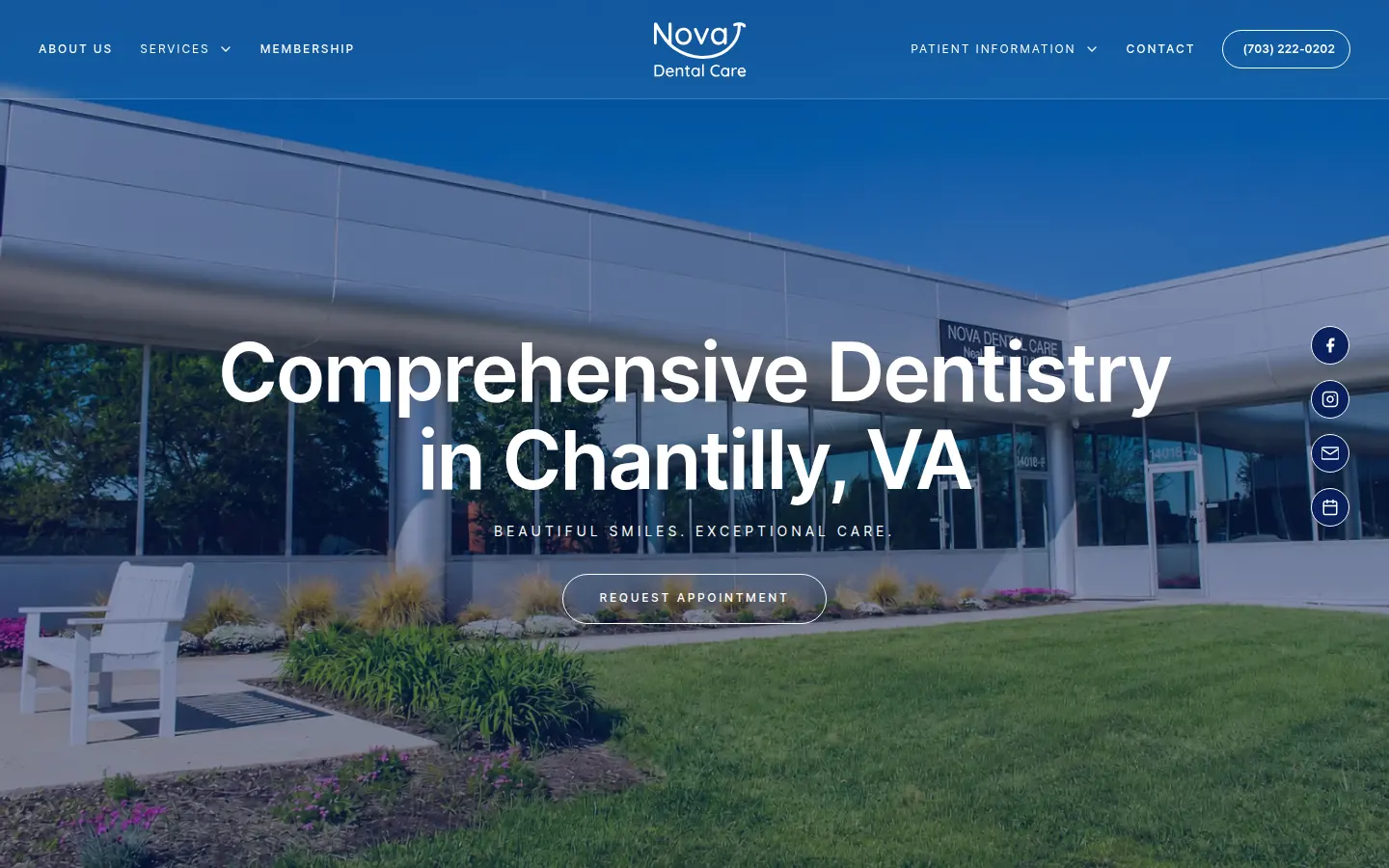 Homepage of Nova Dental Care in Chantilly, Virginia. White centered type over a blue-tinted photograph, with the headline Comprehensive Dentistry in Chantilly, VA.