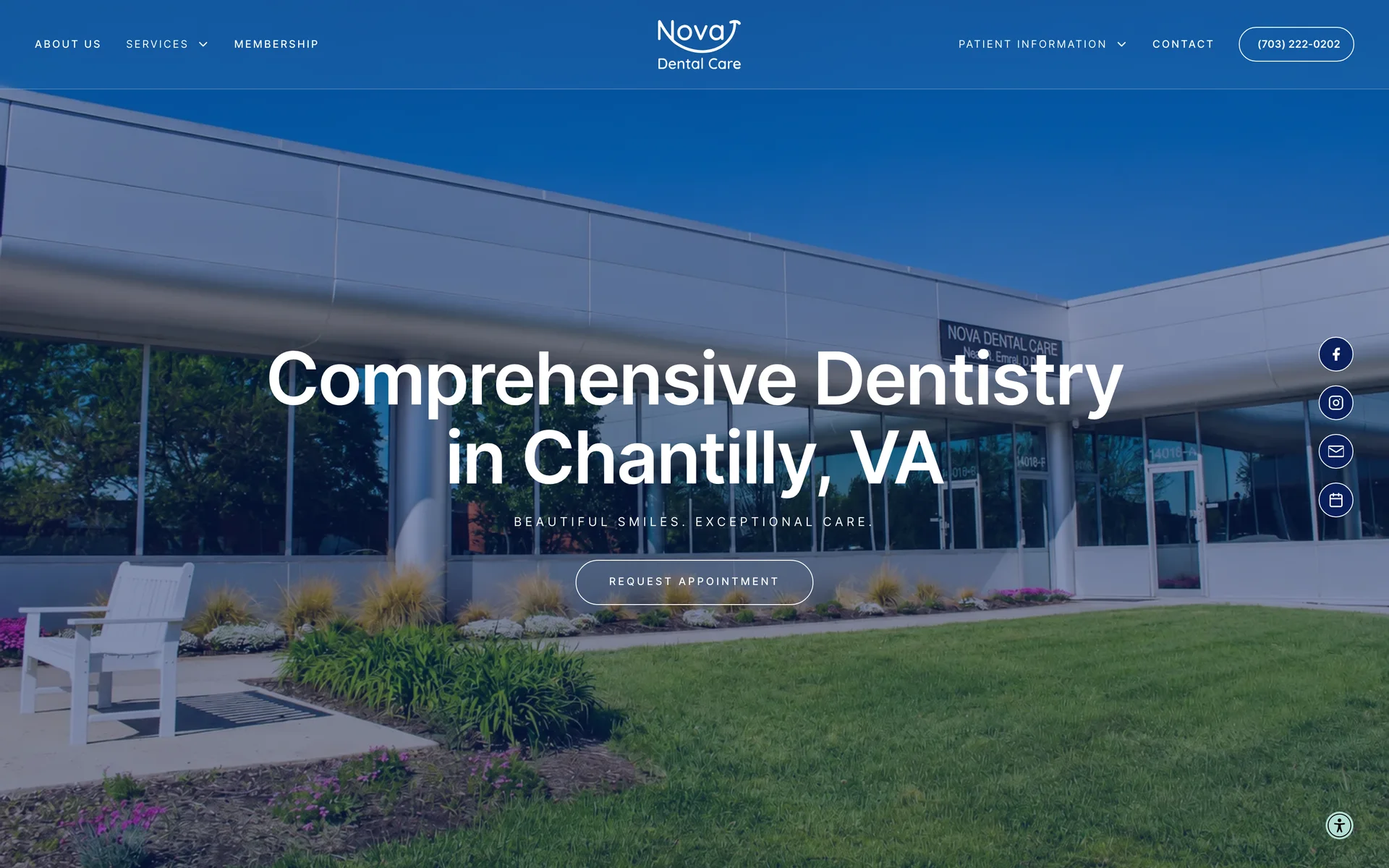 The Nova Dental Care homepage: the practice building under a deep blue wash