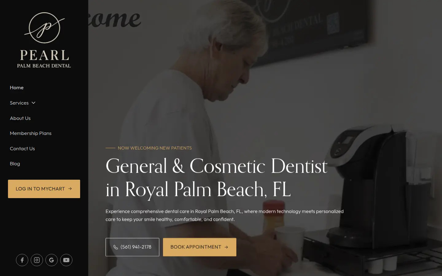 Homepage of Pearl Palm Beach Dental in Royal Palm Beach, Florida. A left-hand menu sits beside a video and the headline General and Cosmetic Dentist in Royal Palm Beach.