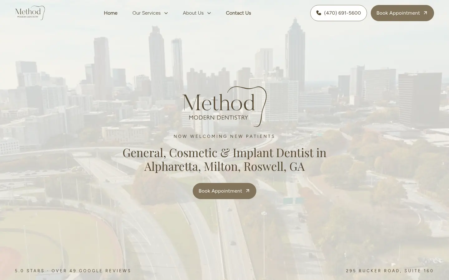 Homepage of Method Modern Dentistry. A very light full-width video with a brown serif headline naming Alpharetta, Milton, and Roswell, Georgia.