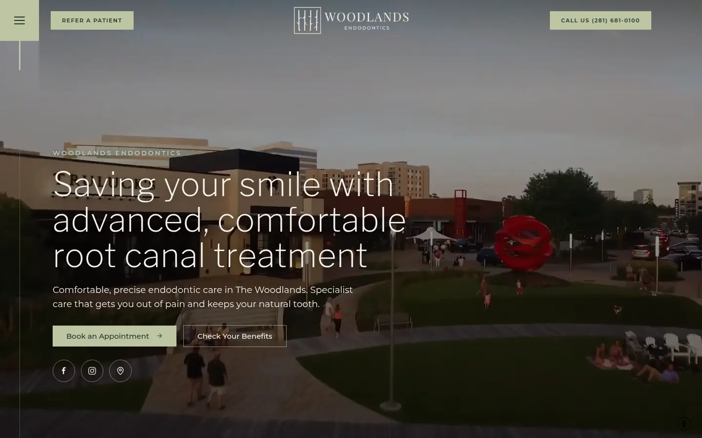 Homepage of Woodlands Endodontics in The Woodlands, Texas. A clinic video fills the screen, with a light headline about comfortable root canal treatment and buttons to book or check benefits.