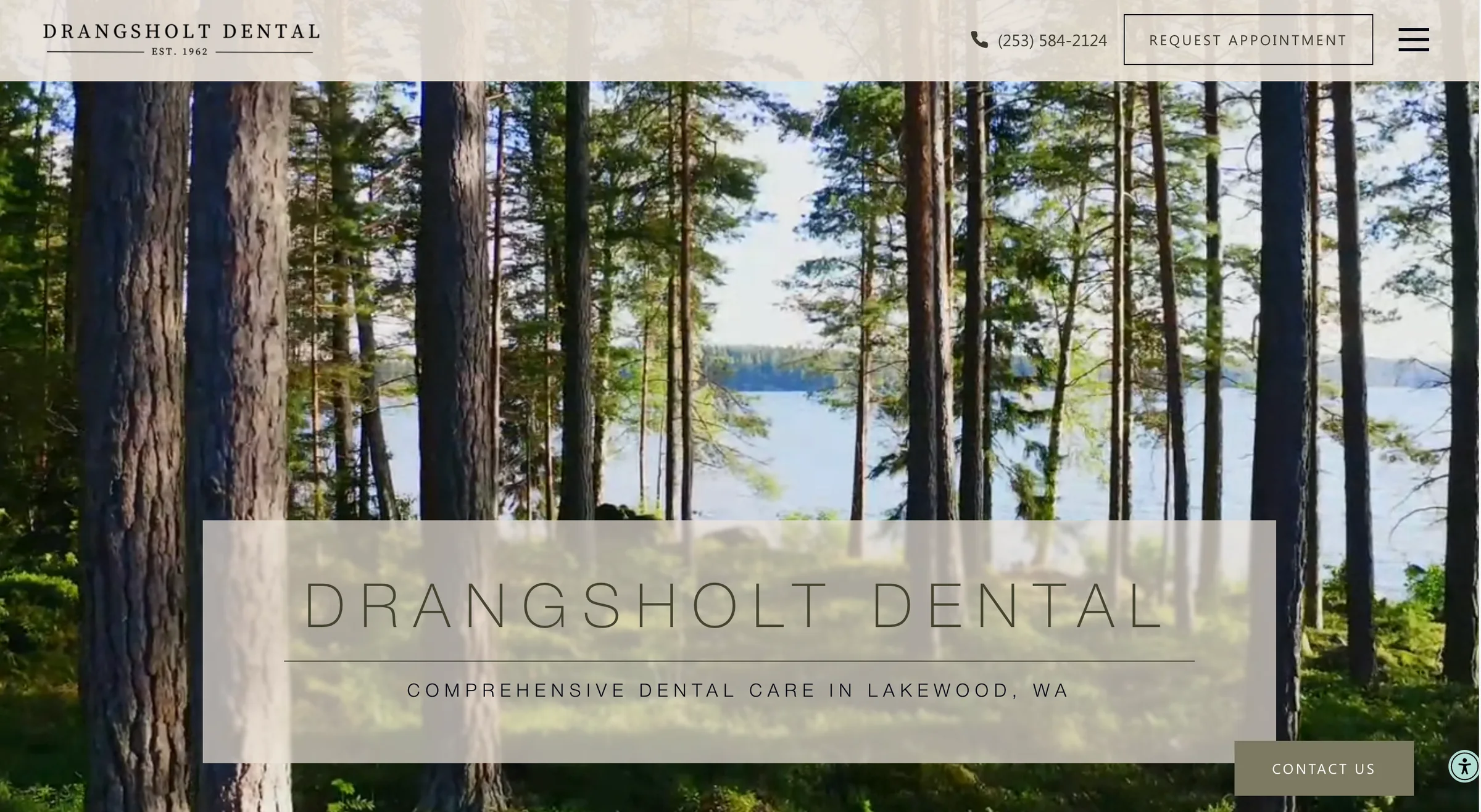 The Drangsholt Dental homepage: firs opening to the lake behind a linen panel with the practice wordmark