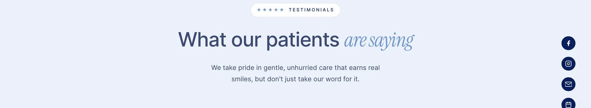 A five-star testimonials badge above the headline What our patients are saying