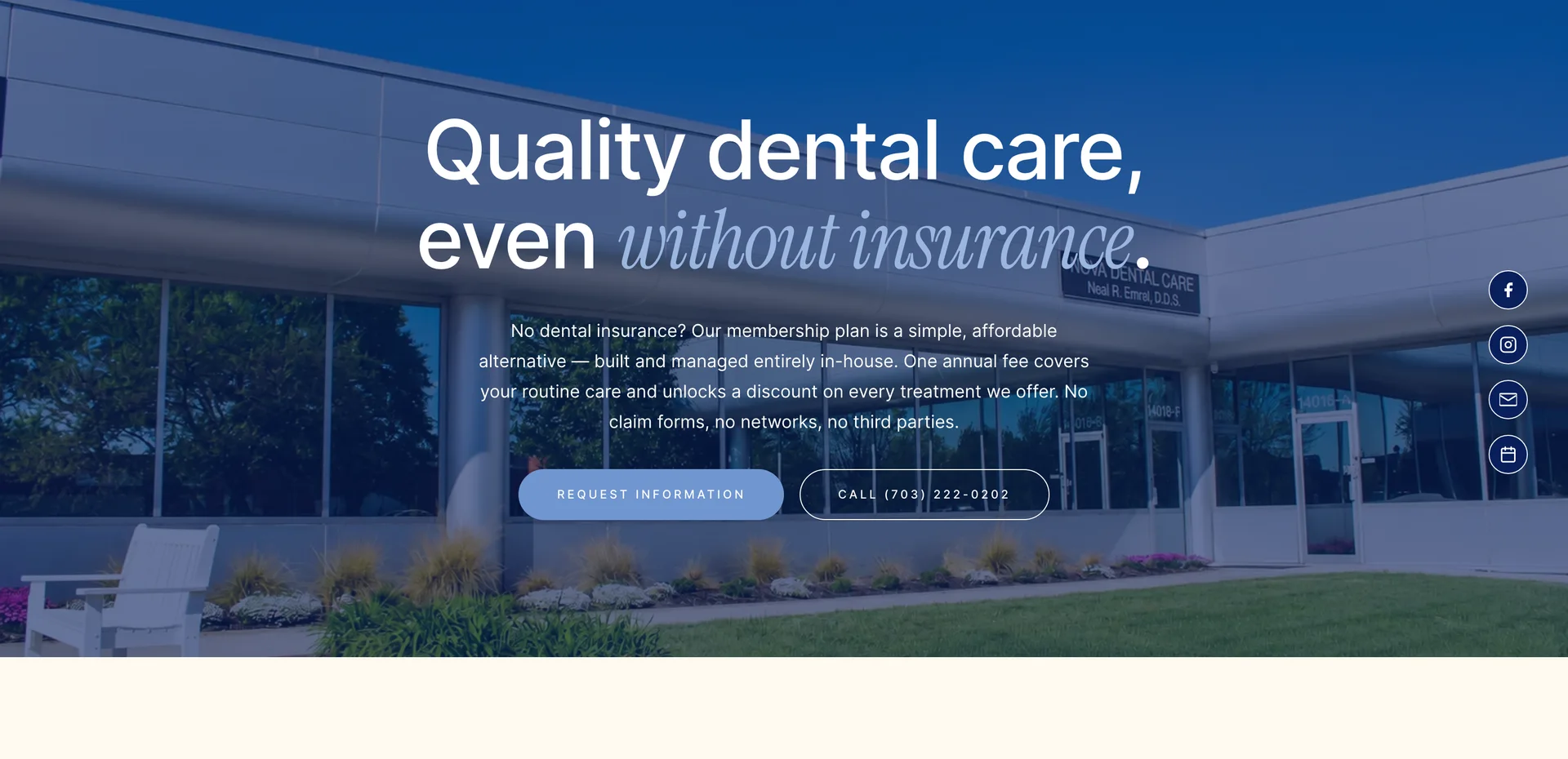 The membership page hero: Quality dental care, even without insurance, over the practice building