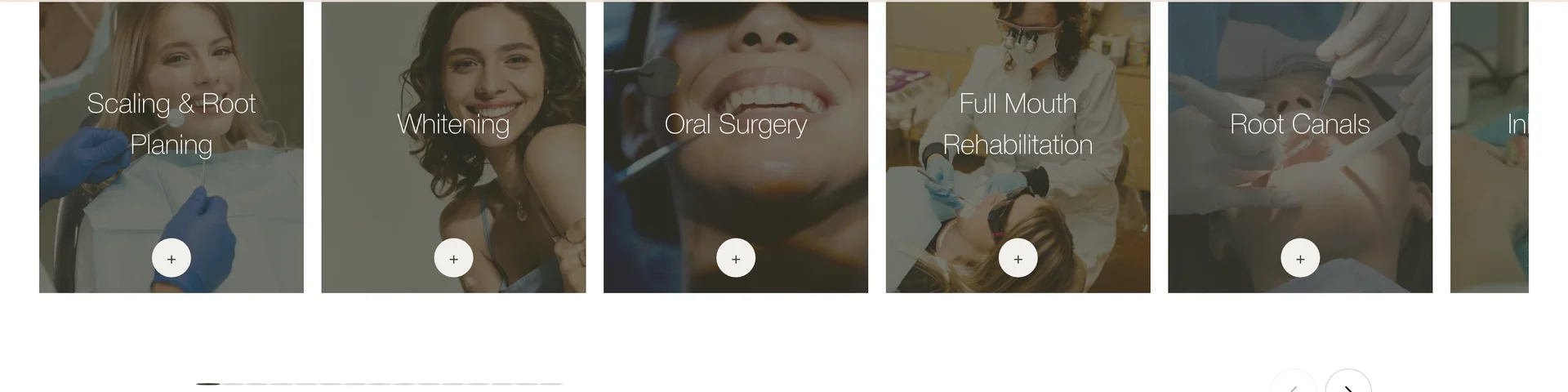 A row of service cards: scaling and root planing, whitening, oral surgery, full mouth rehabilitation, root canals