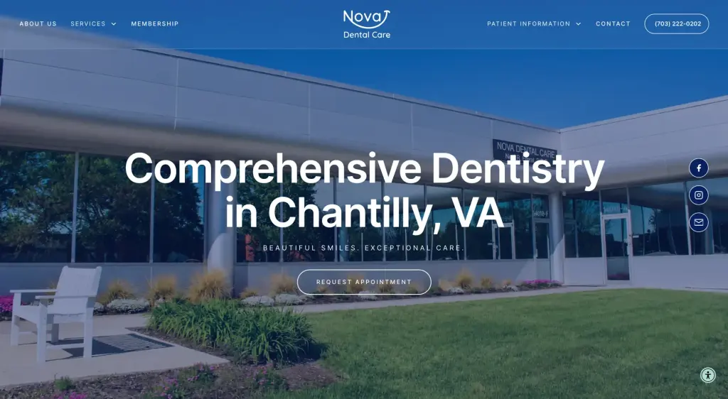 The Nova Dental Care website, a blue editorial design for a Chantilly, Virginia family practice