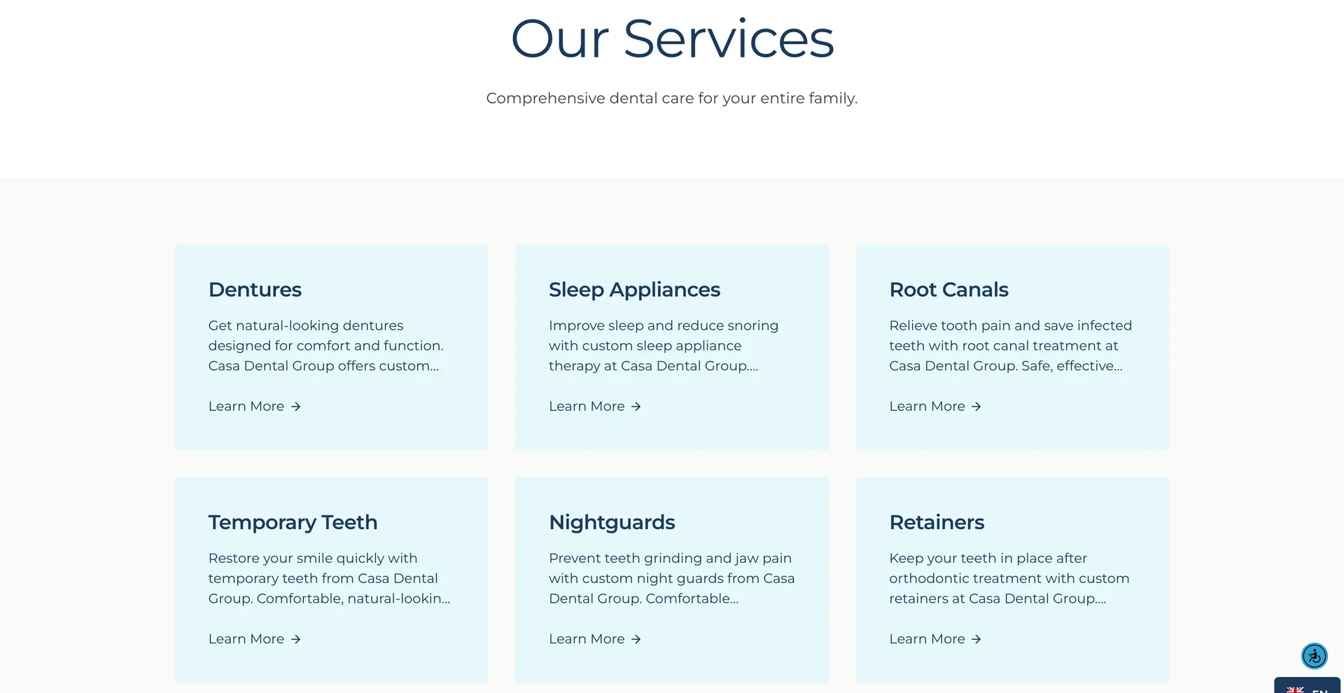 The services index: dentures, sleep appliances, root canals, temporary teeth, nightguards, and retainers as calm cards