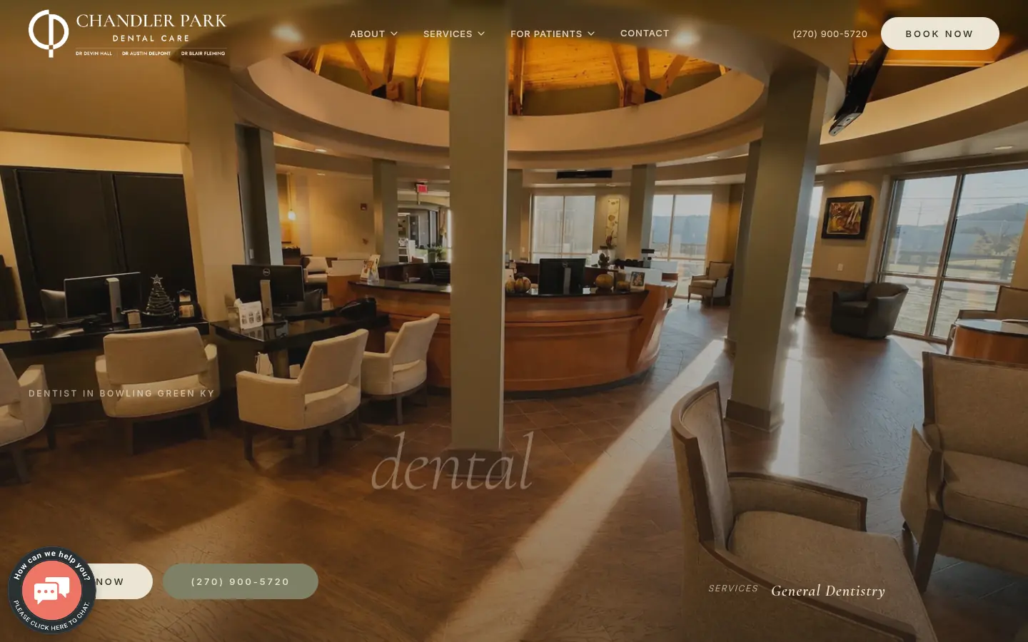 Homepage of Chandler Park Dental Care in Bowling Green, Kentucky. A large lowercase serif headline sits over a full-width photograph.