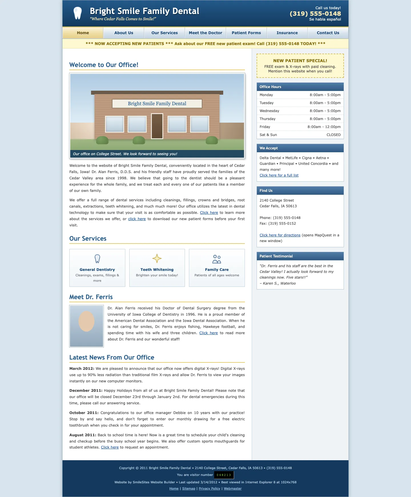A dated dental practice website, circa 2012, for Bright Smile Family Dental of Cedar Falls, Iowa